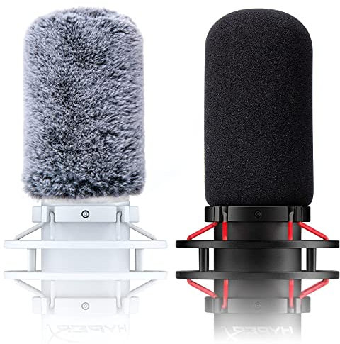 SUNMON für HyperX QuadCast Mikrofon Popschutz, 2 Stück Mikrofon Schaumstoff Windschutz +Pelziger Windsack für HyperX QuadCast S / 2S, Wasserdicht Mikrofon Abdeckung Pop-Filter für Draußen