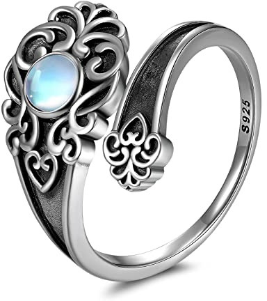 Moonstone/Obsidian/Opal/Turquoise Spoon Ring 925 Sterling Silver Open Adjustable Ring Oxidized Victorian Vintage Flower Thumb Rings for Women, 5 UK, Metal, Moonstone