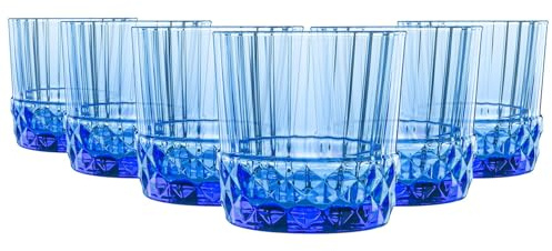 Bormioli Rocco America '20s Water Glasses - Vintage Art Deco Whisky Cocktail Tumblers - 300ml - Sapphire Blue - Pack of 6
