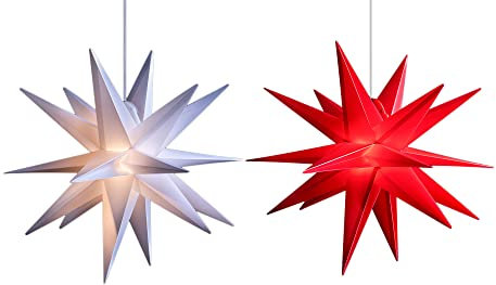 Novaliv 2er Sparset Weihnachtssterne LED Dekosterne 25cm ROT + Weiss Außen Kabel mit Trafo & Timerfunktion 3D Stern 18 Zackig Leuchtstern Weihnachtslicht Winterbeleuchtung 3D Stern Weihnachtslicht