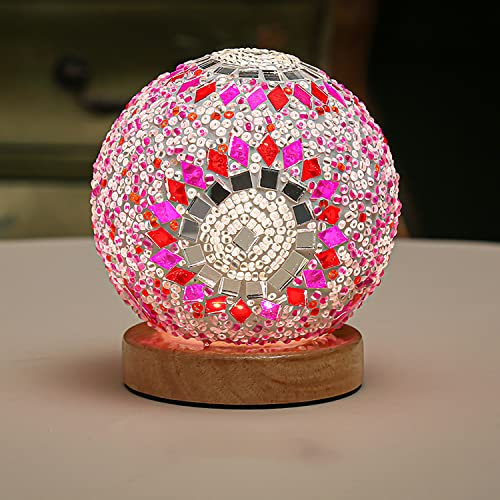 SUAVER LED Nachttischlampe, Wiederaufladbar Mosaik Glas Tischlampe mit 3 Farbtemperaturen,Dimmbaren Nachtlicht Schreibtischlampe Dekoration Kugellampe für Wohnzimmer,Couchtisch(style2-pink)
