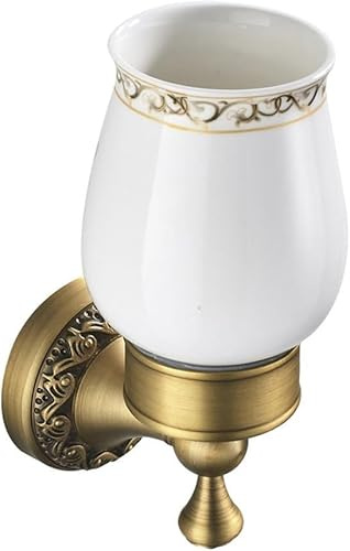 Portaspazzolino da parete in ottone anticato con tazze in ceramica - Portabicchieri da bagno in bronzo lucidato a olio, in ottone massiccio con accessori di montaggio