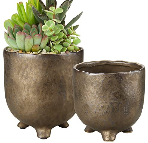 Oairse Set of 2 Vintage Plant Pots Indoor, Ceramic Plant Pot Plant Pots with Legs Bronze Flower Pot Decorative Garden Planters for Mini Plant Succulent Orchid, Footed Small Plant Pot 10.5/13.5CM