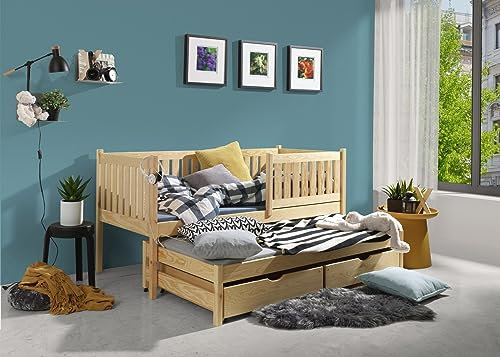 KEF Kinderbett 80x200 cm - Patrick - Bett aus Holz mit Stauraum - Tagesbett mit Lattenrost - Jugendbett und Mädchenbett für Kinderzimmer - Ausziehbett für Zwei Personen - Braun