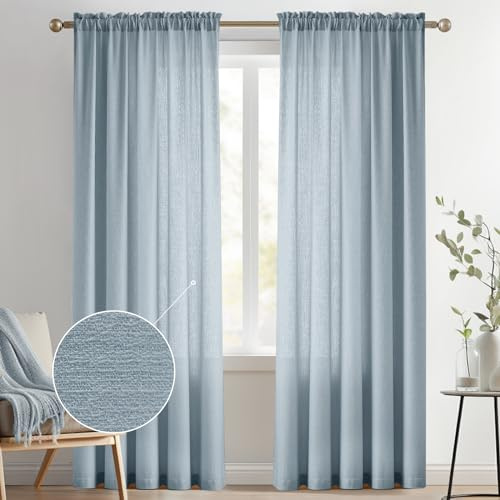 Melodieux Dusty Blue Semi Sheer Curtains 84 Inches Long for Living Room, Bedroom Linen Look Farmhouse Rod Pocket Shiny Sheer Curtain Drapes Light Filtering Home Office, 52 W x 84 L, 2 Panels