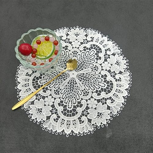 4 Stück Spitze Runde Gestickte Tischläufer, Stickerei Tischset Runde Bestickte Tischmatte Handarbeit Geklöppelt Häkeldeckchen Spitzendeckchen für Küche,Esszimmer Tassen, Getränke,Schalen -Weiße #2