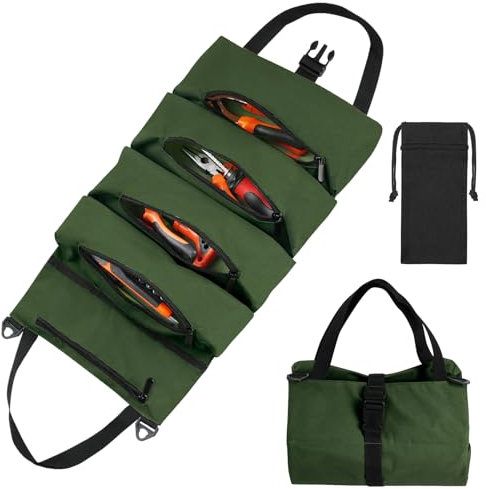 Flintronic tragbare Aufbewahrungstasche flintronic Werkzeug Rolltasche, Schraubenschlüssel Werkzeugtasche, Mehrzweck Rolltasche mit 5 Reißverschlusstaschen, Multifunktionale Rolltasche(Grün)