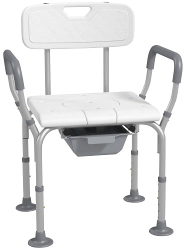HOMCOM 3 in1 Height Adjustable Shower Chair with Arms and Back White | Non-Slip Shower Stool, Bedside Commode with Detachable Bucket, Commode Toilet Chair, Elderly, Seniors, Disabled