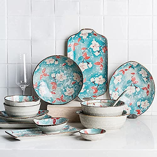 Service de table japonais en porcelaine fine pour 2 à 10 personnes, vaisselle à motifs de fleurs de magnolia avec bol, assiette creuse, excellent cadeau pour les amis de la maison de vacances, 13 piè