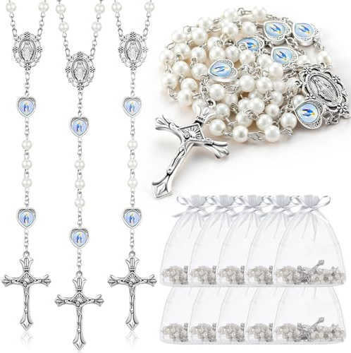 ROCEEI 20 Pcs Catholic Glass Pearl Beads Rosary Necklace 6 mm Beaded Cross Necklace with Crucifix and Rosary for Women (White)