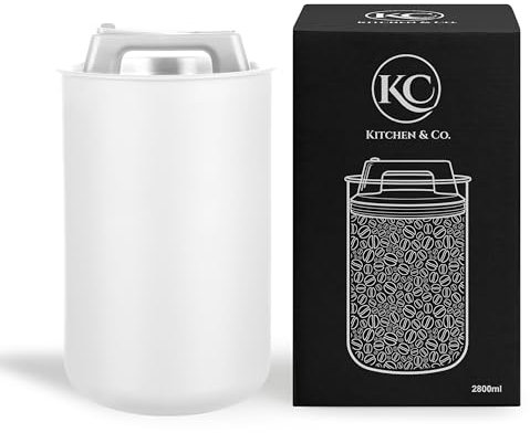 KC Kitchen & Co. Caja de café hermética para 1 kg de granos de café, de acero inoxidable, con tapa al vacío y cierre de aroma, caja de almacenamiento para café, té, azúcar, cereales, blanca