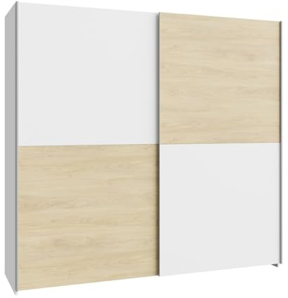 Forte Schach & MATT Kleiderschrank 200, Schwebetürenschrank mit 2 Türen und Einlegeböden, Holzwerkstoff, Puccini Eiche Dekor, Weiß, Schachbrettmuster, 200,1 cm breit x 190,5 cm hoch x 62,1 cm tief