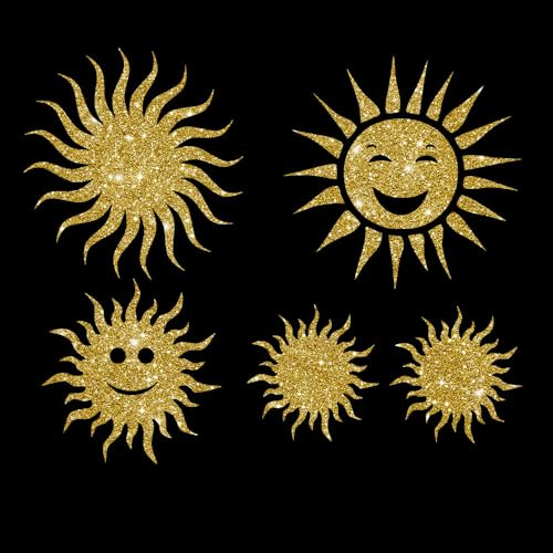 Glitzerdeals Bügelbilder Glitzer Sonne mit Gesicht Set Sonnen gold Aufbügler für Textilien Karneval Kostüm Sonne Bügelflicken Sonnen Fasching Patch zum Aufbügeln Sonne