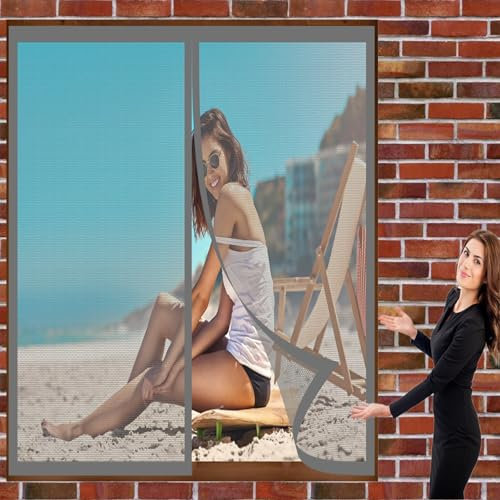Insektenschutztür Fliegenschutz 118 x 84 cm Fenster Mückengitter Kein Stanzen Erforderlich Easy Install Magnet Fliegengitter für Alle Universalfenster, Grau