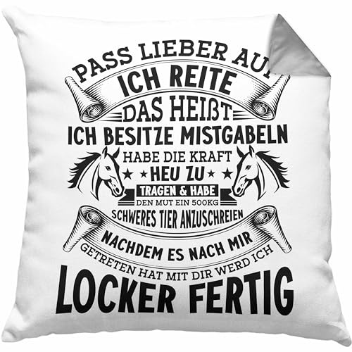 Trendation Reiterin Kissen mit Füllung 40x40 Spruch Geschenk Pferde-Liebhaberin Geschenkidee Mädchen Pass Lieber Auf Ich Reite (Grau)