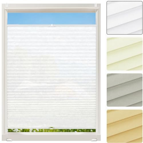 Jalousien Fenster Raffrollo, Fenster Plissee 72 x 205 cm, Nach Maß Qualität Ohne Bohren, Premium Plissee Faltrollo Faltstores, Fenster Plissee Ohne Bohren, für Fenster & Tür, Weiß