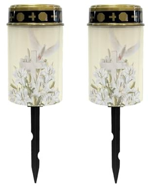 Poceacles Cross Solar Lights Outdoor Solar Powered Outdoor Grave Stake Solar Lights Solar Grave Lantern Landscape Lights Waterproof Cemetery Flameless Candles, Dove of Peace Lily Cross, Pack of 2