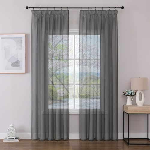 Joydeco 2er Set H245 x B140 cm Grau Transparent Vorhang Schiene Gardinen mit Kräuselband Durchlässig Curtains Lang Vorhänge für Schienensystem Modern