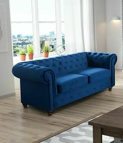 Easy4You Chesterfield Blauer Plüsch Velvet 2-Sitzer Sofa 183x74x88 cm Sofas für Wohnzimmer Sofagarnituren mit Holzfüße Set Sofas & Couches