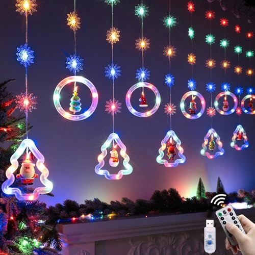 HUIKUANGEU Lichtervorhang Innen,Weihnachtsbeleuchtung Fenster,Lichterkettenvorhang Fenster Weihnachtsdeko,Weihnachtsbeleuchtung Lichterkette Fenster Innen, Ring- und Weihnachtsbaum Lichtervorhang