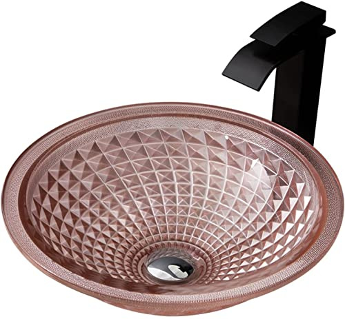 UMJIGF Countertop Sink Vanity Round Hand Wash Basin Washplace 12MM Thick Countertop Sink Wash Bowl with Waterfall Faucet, Pop Up Drain,Champagne,Champagne