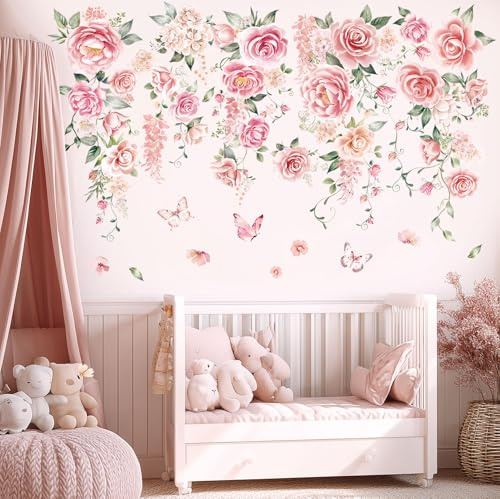 DECOWALL Großes Rosa Blumen-Wandtattoo für DIY-Dekoration (SG3-2428) | Rosa Aquarell-Rosenranken mit Schmetterlingen; abziehbare DIY-Wanddeko zum freien Gestalten von Schlafzimmer und Wohnraum