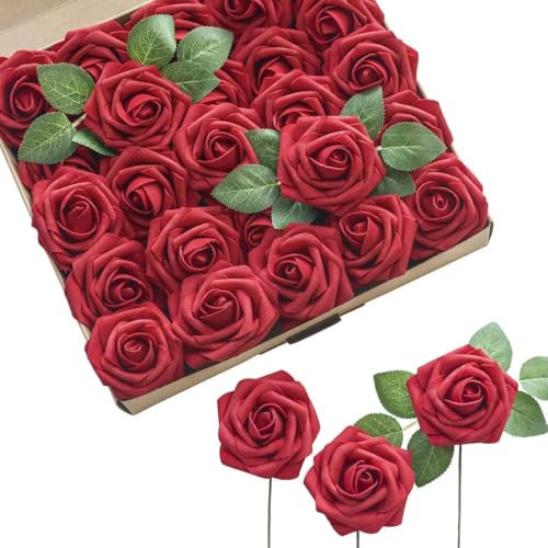WBLSPA Künstliche Blumen, 25 Farben, Schaumrosen mit Stielen für selbstgemachte Hochzeitssträuße, Brautpartys, Heimdekorationen, dunkelrot