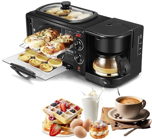 HEGGMKK 3 in 1 Breakfast Station(9L), Toaster with Frying Pan, 30min Timing + Temperature Control, 600ml Coffee Pot + 1.2L Cooking Pot, for Apartments Kitchenettes,Black