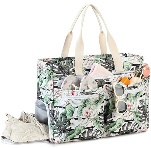 Strandtasche XXL, Groß Strandtasche mit Schuhfach Wasserdicht Sanddicht, Weekender Damen Faltbar Ultraleicht Badetasche mit Reißverschluss für Urlaub Reisen Fitnessstudio Picknick (Weiße Blume)