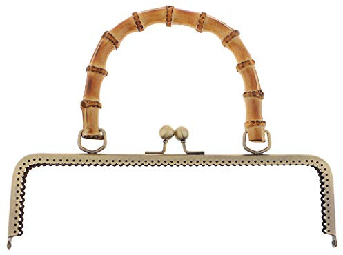 Mango de bambú, marco de metal, cierre de beso, para bricolaje, bolso de mano, bronce, 25 cm