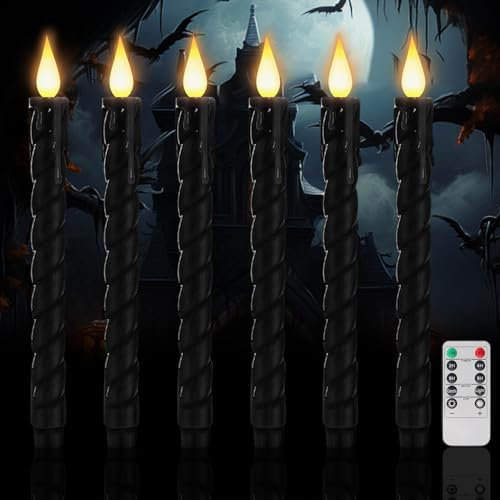 Halloween Deko LED Stabkerzen mit Timerfunktion Fernbedienung, 6er Flammenlose Elektrische Kerzen, Batteriebetriebene Kerze Flackernde Flamme für Halloween Weihnachtsdeko, Hochzeit und Party (Schwarz)