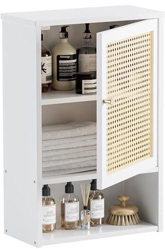 HITNET Armario Baño Pared en Ratán, Mueble Colgante de Bambú, Gabinete de Almacenamiento Suspendido con Compartimento Abierto y Estante Ajustable, para Salón, Pasillo y Cocina, Color Blanco