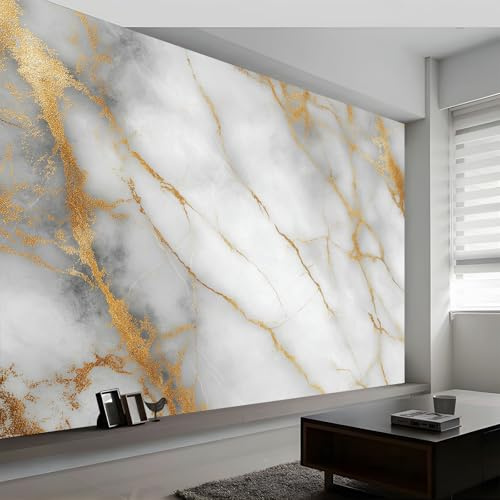Générique Papier Peint Panoramique Luxe Élégant Papier Peint Intissé 200 x 140 cm, pour Mur Salon Cuisine Bain Couloir Salle à Mange Texture Dorée Marbre