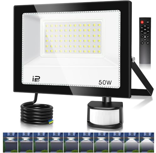 Projecteur Led Exterieur Detecteur de Mouvement et Télécommande 50W, 5000LM 7000K Spot LED Extérieur,Réglables 10 luminosité Eclairage Exterieur Blanc Froid Étanche IP67 pour Garage Jardin-Noir