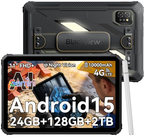 Blackview Active7 Rugged Tablet, 11 FHD+ IPS, Android 15, 24GB RAM+128GB ROM, 10000mAh 45W Fast Charge, IP68/IP69K Waterproof, Dual 4G SIM, 20MP Night Vision, NFC, 5G WiFi, GPS, OTG, Fingerprint