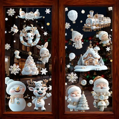 SMBLCE 9 Sheets White Stereo Static Christmas Window Stickers, Christmas Decorations, Large-Size - Xmas Window Clings & Decal for Xmas Holiday Home/Office/Storefront Decoration