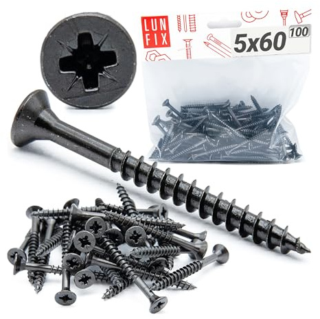 LUN FIX Holzschrauben schwarz 5,0x60 mm 100 Stk PZ2 Teilgewinde Senkkopf | gehärteter Stahl verzinkt ideal für Holz Möbelbau Spanplatten und Gipskarton für Möbelmontage und DIY