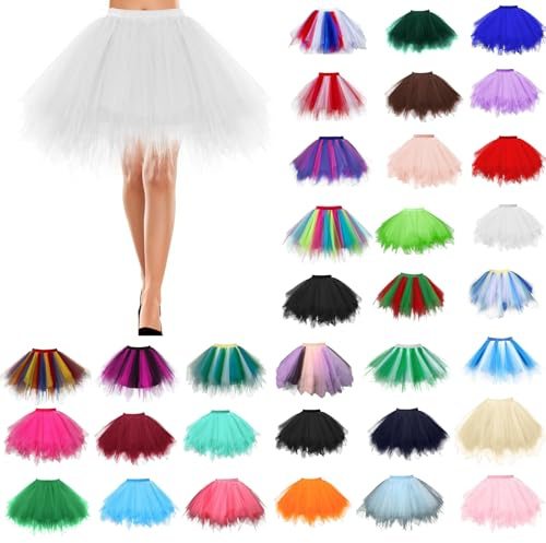 Tüllrock Damen Tutu Karneval Weißer Rock, 50er Petticoat Rock Retro Ballet Tanzrock Kurz Ballett tütü Elastisch Tanzrock Tanzkleid Ballkleid Kurz Retro Party Kostüme Tanzen Fancy Dress