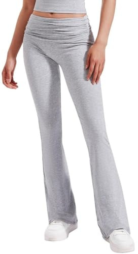 YETOWA High Waisted Ruched Yoga Flare Pants for Women Soft Stretch Casual Lounge Trousers Flared Legs Workout Wear Bottoms Heather Grey