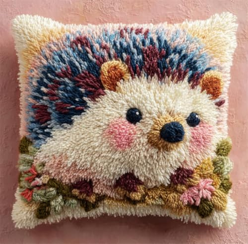 ZUHK Latch Hook Kits for Adults/DIY Pre-Printed Craft Latch Hook Pillow Kits fit for Throw Pillow Cover Sofa Cushion Cover,17x17 in (Hedgehog 4)