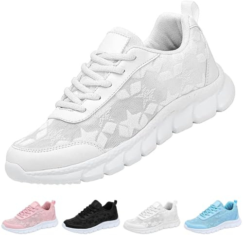 Kvinnors lyxiga ortopediska sneakers andningsbara nät slip-on löpning träningsskor bekväma blommigt tryck snörning promenadskor, Vitt, 37 EU