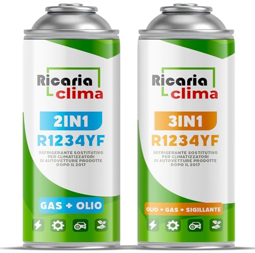 Ricaria Clima - Kit de Remplissage de Climatisation R1234yf avec Gaz R1234yf 3-en-1 – 2 x 235 G – Remplissage de Climatisation Automobile – Gaz R1234yf – ECO