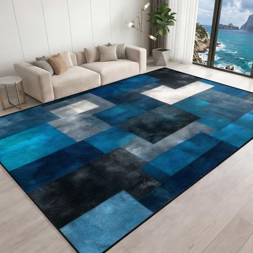 YAKINOE Geometric Area Rug 150x240cm Modern Abstract Area Rug for Living Room Navy Blue Patchwork Geometric Carpet Washable Non-Slip Rugs for Bedroom Kitchen