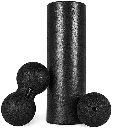 Faszienrolle + Massageball inkl. Übungsposter + Workout App GRATIS | FASZIENSET - Professional Studio Qualität | Massagerolle Foamroller (Schwarz)