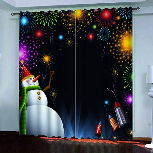 Chenghao's shop Superweicher Verdunkelungsvorhang Schönes Schneemannfeuerwerk 3D Schwarz Seidenstoff Thermoisolierte Ösenvorhänge 250(H) X140Cm(B) X2