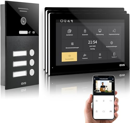 GVS IP Video Türsprechanlage 3 Familienhaus mit Türöffner 3X 10 Monitor | Smarte Video Türklingel mit Kamera und Monitor & App - Gegensprechanlage mit Türöffner (AVS5515U)