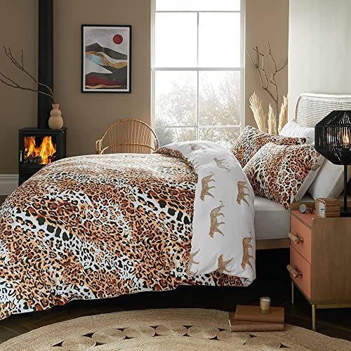 ED Flannelette Printed Duvet Cover Set | 100% Brushed Cotton Flannel Fleece | Reversible Bedding Quilt With Pillowcases (Orange & Brown Leopard Print, Double)