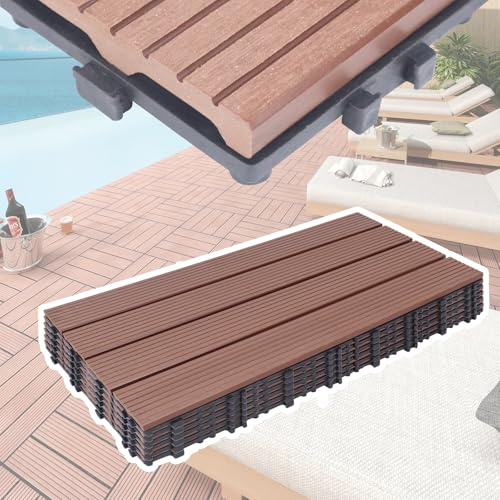 UISEBRT Lot de 18 revêtements de sol pour balcon - Aspect bois - Système à clic - En plastique - Pour jardin, balcon, terrasse - 30 x 60 cm, marron