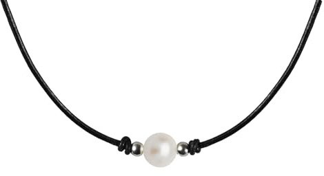 Edellis Pearls Ziegenleder Damen-Kette 925 Sterling Silber Hochwertige Süßwasser-Zuchtperlen in ca. 9 mm Rund weiß Lederkette mit echten Perle weiss