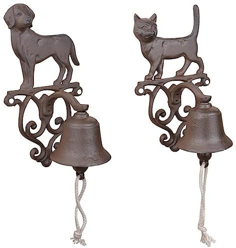 Esschert Design Türglocke Hund aus Gusseisen und Baumwollkordel,14,3 x 13,2 x 24,9 cm & Türglocke Katze aus Gusseisen und Baumwollkordel,14,3 x 13,2 x 24,2 cm